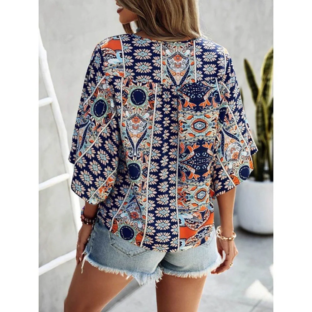 🔹 BOHO BLUE MULTI ABSTRACT PRINT LOOSE FIT BLOUSE! - Picture 2 of 8